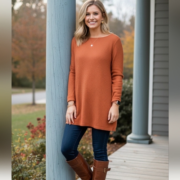 J Jill Orange Cotton Blend Waffle Knit Andrea Sweater Tunic Long Sleeves Small - Picture 1 of 14